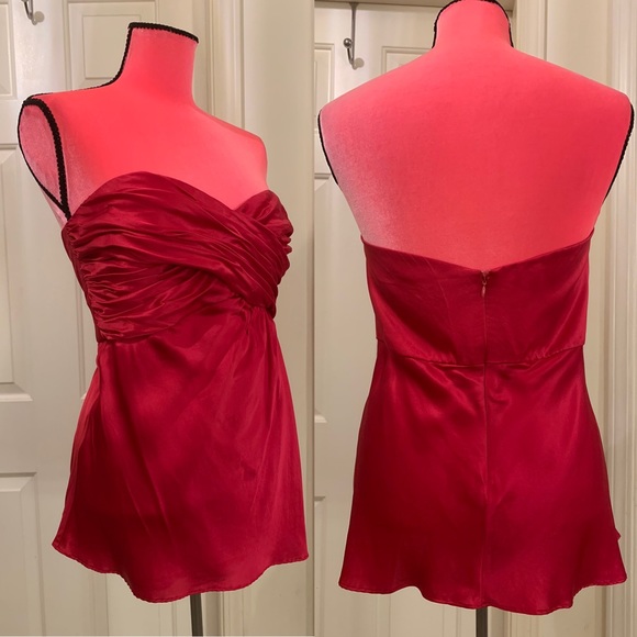 Red silk Le Chateau strapless top w/ruching detail - Picture 2 of 8